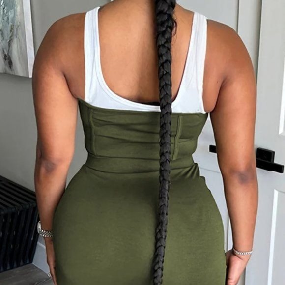 Callie Lives Xena Strapped: Mixed Media Green Contrast Tank Mini Dress L - Picture 2 of 16